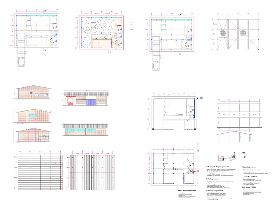 Multi-sheet civil CAD production set showing plans, elevations and structural grids