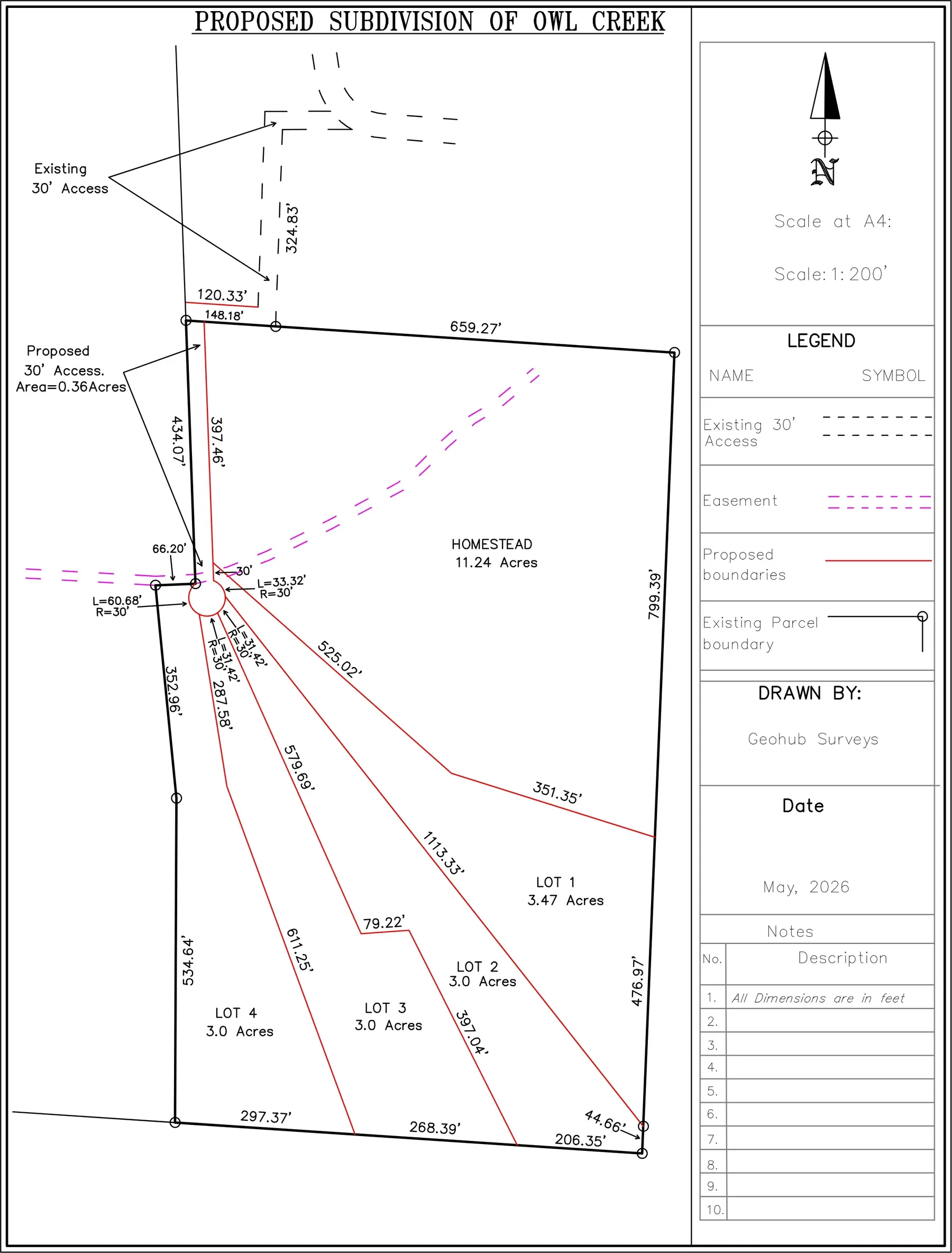 Proposed subdivision drawing: an existing parcel boundary divided into a homestead and four numbered lots, with a proposed access road, easements and every boundary dimensioned in feet.