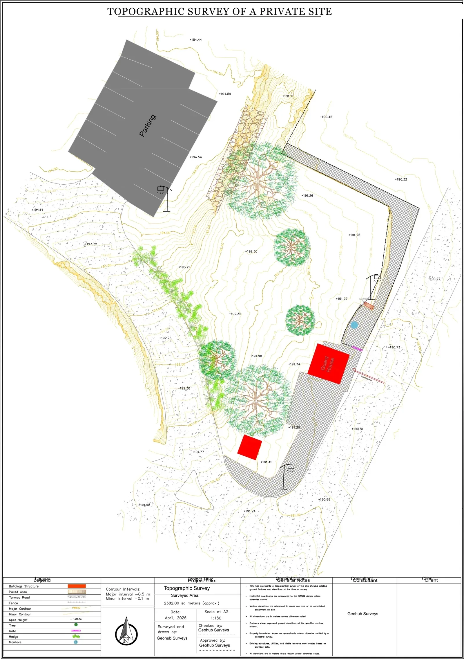 Finished topographic survey sheet derived from that point cloud, with contours at 0.5 metre major and 0.1 metre minor intervals, spot heights, kerb lines, trees and a legend.