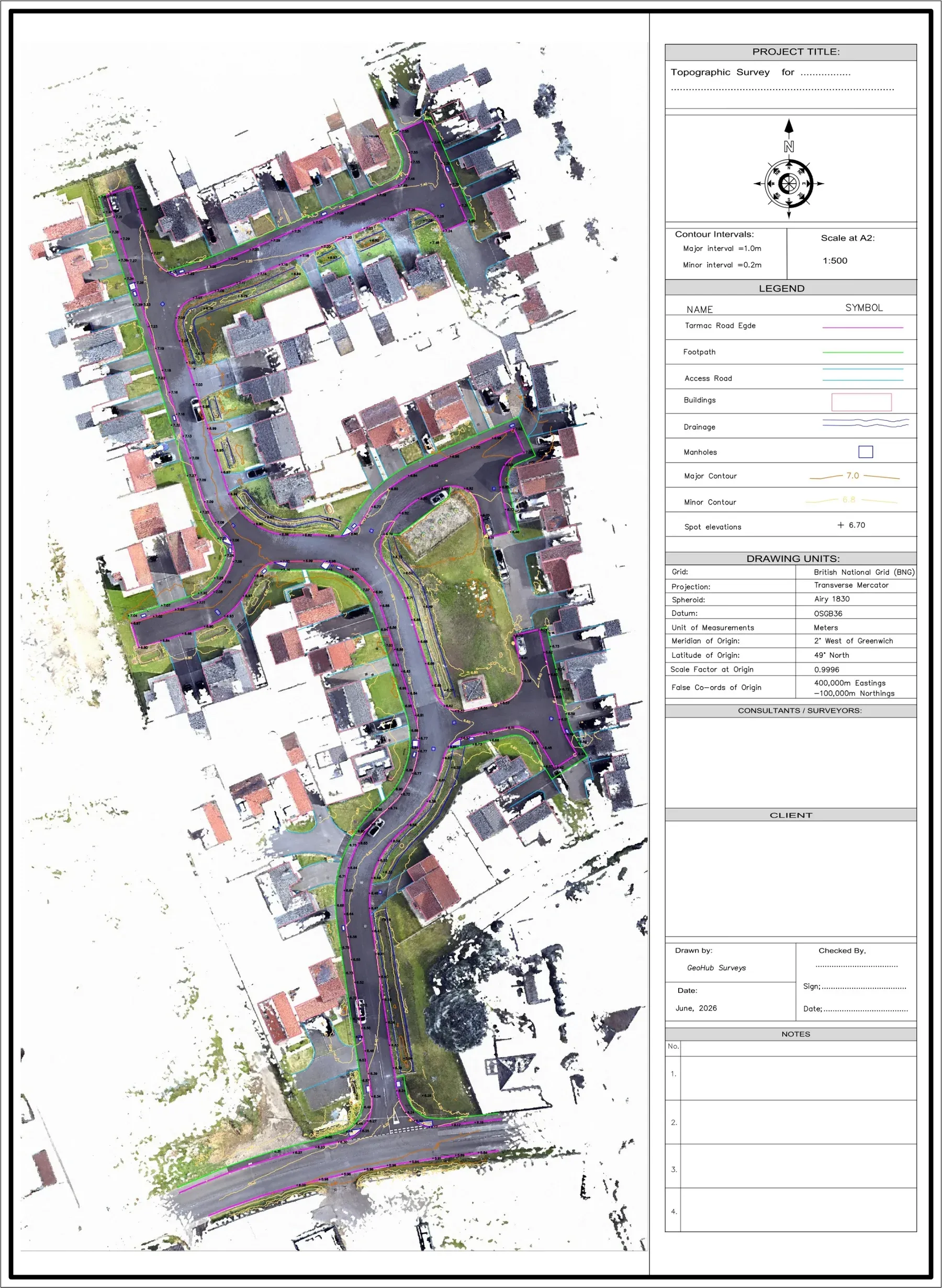 Finished topographic survey sheet: roads, footpaths, buildings and drainage drafted over a point cloud, with contours, a full legend and a title block.